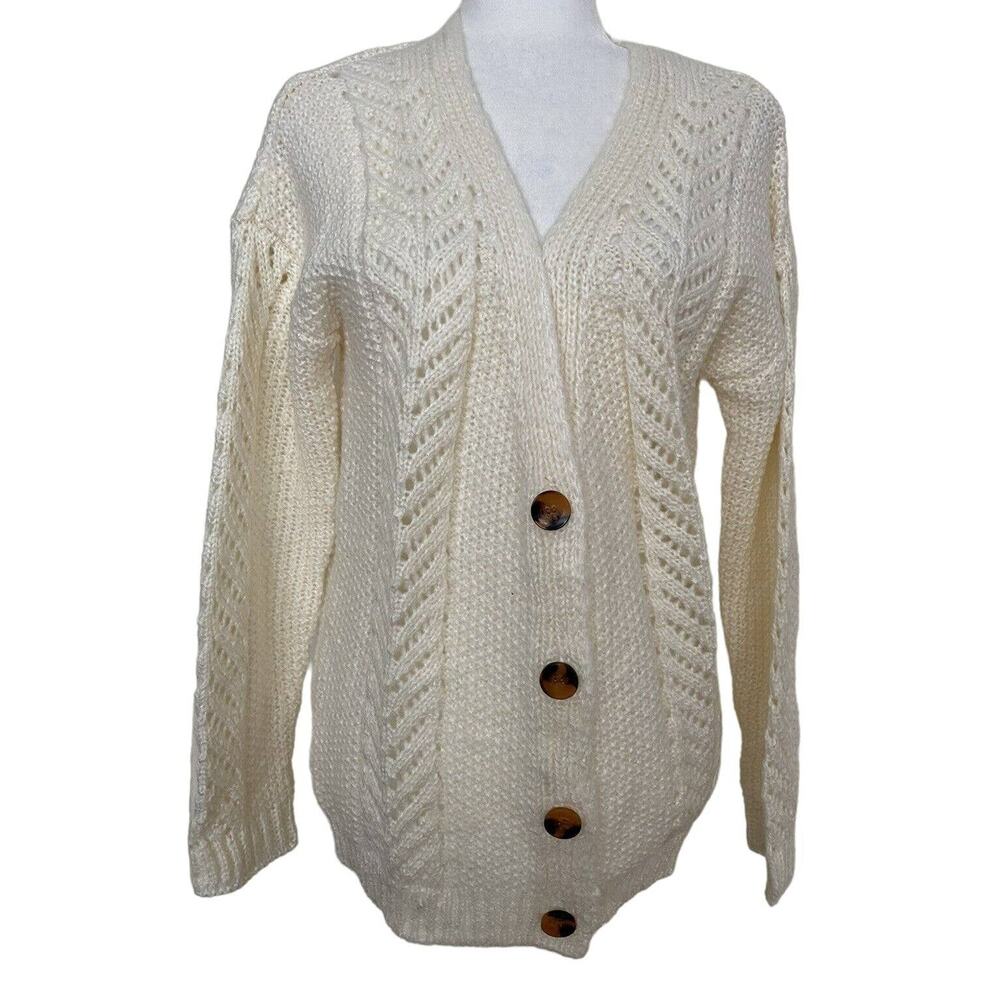 CENY Grandpa Mixed Cable Knit Cardigan Sweater Size Small in Natural/Ivory NWT